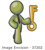 #37202 Clip Art Graphic Of An Olive Green Guy Character Standing With A Skeleton Key