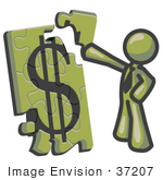 #37207 Clip Art Graphic Of An Olive Green Guy Character Assembling A Financial Puzzle