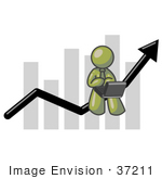 #37211 Clip Art Graphic Of An Olive Green Guy Character Using A Laptop On A Bar Graph