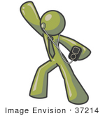 #37214 Clip Art Graphic Of An Olive Green Guy Character Dancing With Mp3 Music