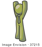 #37215 Clip Art Graphic Of An Olive Green Guy Character Holding His Arms Up