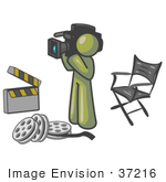 #37216 Clip Art Graphic Of An Olive Green Guy Character Filming A Movie