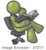 #37217 Clip Art Graphic Of An Olive Green Guy Character Sitting And Reading