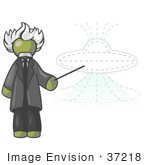 #37218 Clip Art Graphic Of An Olive Green Guy Character As Einstein Pointing To A Ufo
