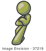#37219 Clip Art Graphic Of An Olive Green Guy Character Leaning