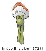 #37234 Clip Art Graphic Of An Olive Green Guy Character Holding Up A House