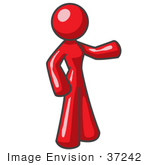 #37242 Clip Art Graphic Of A Red Lady Character Pointing