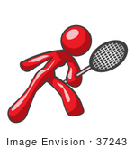 #37243 Clip Art Graphic Of A Red Lady Character Playing Tennis