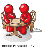 #37250 Clip Art Graphic Of Red Guy Characters Planning At A Table