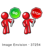 #37254 Clip Art Graphic Of Red Guy Characters Holding Up Go And Stop Signs