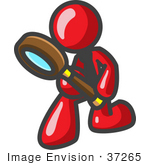 #37265 Clip Art Graphic Of A Red Guy Character Kneeling With A Magnifying Glass