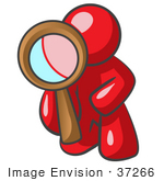 #37266 Clip Art Graphic Of A Red Guy Character Using A Magnifying Glass