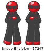 #37267 Clip Art Graphic Of Red Guy Characters Guarding An Entrance