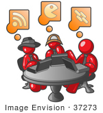 #37273 Clip Art Graphic Of Red Guy Characters Using Laptops In An Internet Cafe