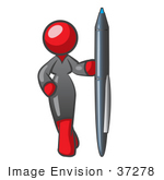 #37278 Clip Art Graphic Of A Red Lady Character Standing With A Pen