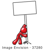 #37280 Clip Art Graphic Of A Red Guy Character Putting A Sign In The Ground