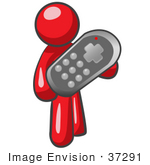 #37291 Clip Art Graphic Of A Red Guy Character Holding A Remote Control