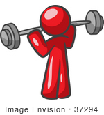 #37294 Clip Art Graphic Of A Red Guy Character Exercising With A Barbell