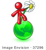 #37296 Clip Art Graphic Of A Red Guy Character With A Daisy On A Globe