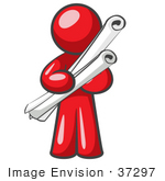 #37297 Clip Art Graphic Of A Red Guy Character Holding Scrolls