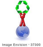 #37300 Clip Art Graphic Of A Red Guy Character Holding Recycle Arrows On The Globe