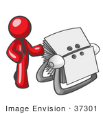 #37301 Clip Art Graphic Of A Red Guy Character With A Rolodex