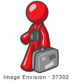 #37302 Clip Art Graphic Of A Red Guy Character Tourist With Luggage And A Camera