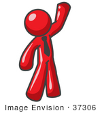 #37306 Clip Art Graphic Of A Red Guy Character Waving And Wearing A Tie