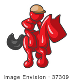 #37309 Clip Art Graphic Of A Red Guy Character Jockey Riding A Horse