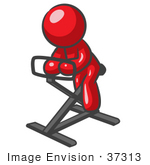 #37313 Clip Art Graphic Of A Red Guy Character Exercising On A Stationary Bike
