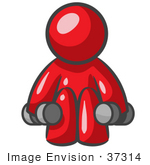 #37314 Clip Art Graphic Of A Red Guy Character Exercising With Dumbbells