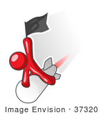 #37320 Clip Art Graphic Of A Red Guy Character Riding A Rocket
