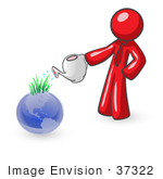 #37322 Clip Art Graphic Of A Red Guy Character Watering Earth