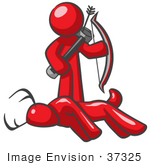 #37325 Clip Art Graphic Of A Red Guy Character Hunting Deer