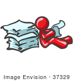 #37329 Clip Art Graphic Of A Red Guy Character Reading Paperwork