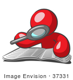 #37331 Clip Art Graphic Of A Red Guy Character Reading With A Magnifying Glass