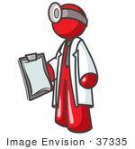 #37335 Clip Art Graphic Of A Red Guy Character Doctor Wearing A Head Lamp