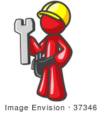 #37346 Clip Art Graphic Of A Red Guy Character Holding A Spanner Tool