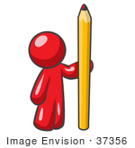#37356 Clip Art Graphic Of A Red Guy Character Standing With A Pencil