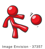#37357 Clip Art Graphic Of A Red Guy Character Kicking A Ball