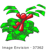 #37362 Clip Art Graphic Of A Red Guy Character Jumping Into A Pile Of Cash