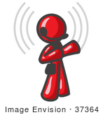 #37364 Clip Art Graphic Of A Red Guy Character On A Headset With Signals
