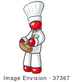 #37367 Clip Art Graphic Of A Red Guy Character Chef Stirring Ingredients