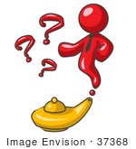 #37368 Clip Art Graphic Of A Red Guy Character Emerging From A Genie Lamp