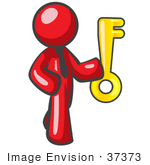 #37373 Clip Art Graphic Of A Red Guy Character Holding A Key