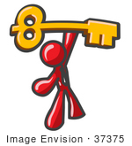 #37375 Clip Art Graphic Of A Red Guy Character Holding Up A Big Key