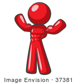 #37381 Clip Art Graphic Of A Red Guy Character Flexing His Muscles