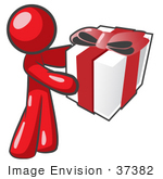#37382 Clip Art Graphic Of A Red Guy Character Holding A Gift