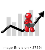 #37391 Clip Art Graphic Of A Red Guy Character Using A Laptop On A Bar Graph