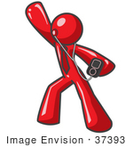 #37393 Clip Art Graphic Of A Red Guy Character Listening To Mp3 Music